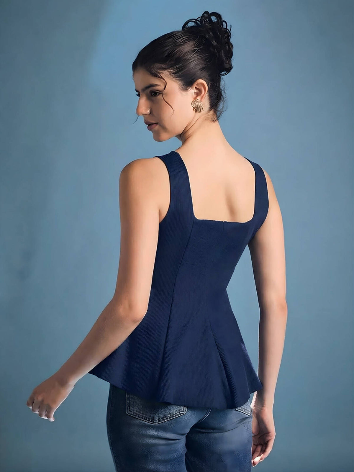 Navy Blue Stretchable Panelled Peplum Top | pt51 - view 5