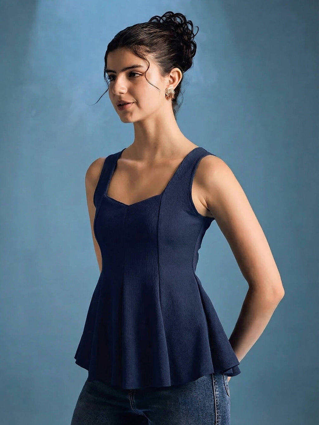 Navy Blue Stretchable Panelled Peplum Top | pt51 - view 6