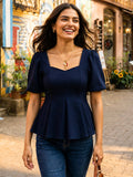 Navy Blue Stretchable Sweetheart Neck Peplum Top | pt51 - view 1