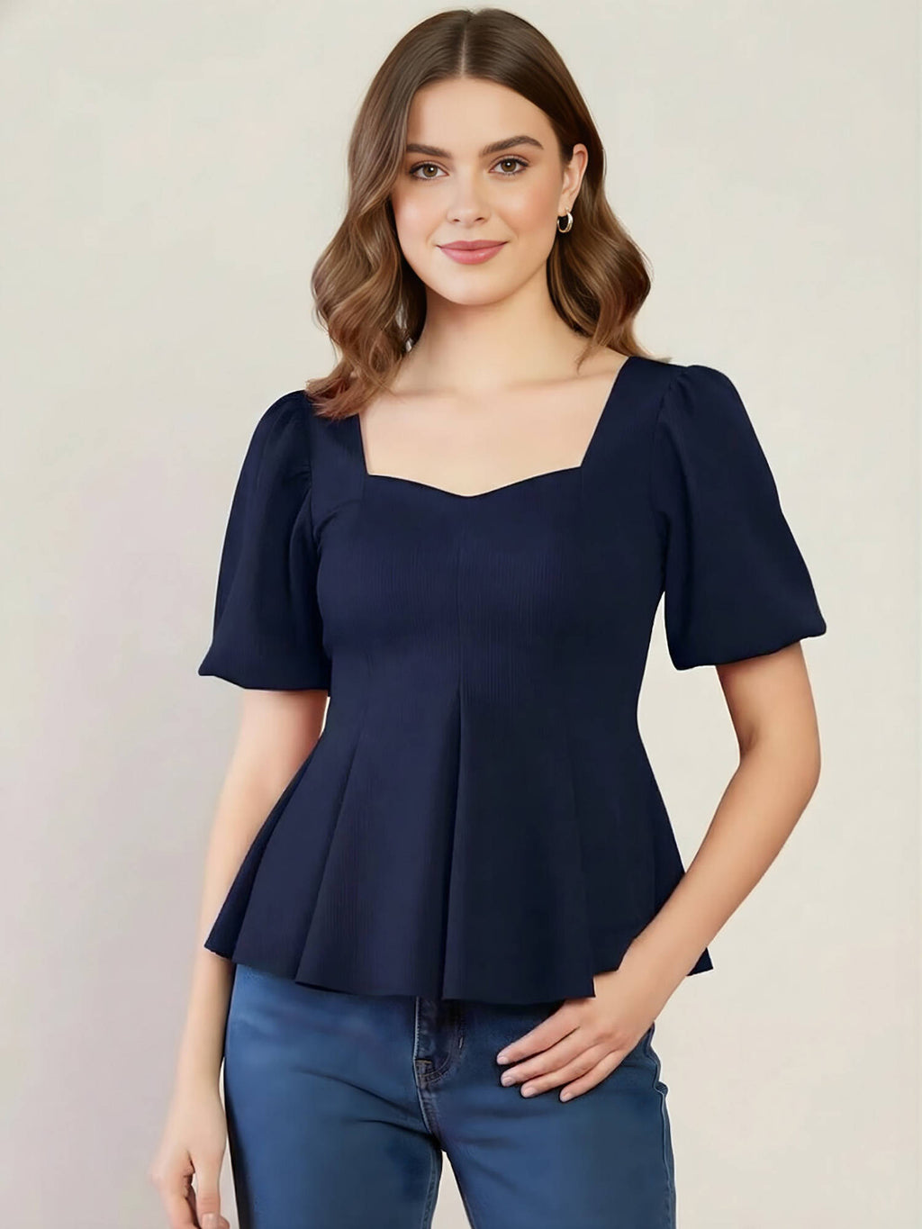 Navy Blue Stretchable Sweetheart Neck Peplum Top | pt51 - view 2