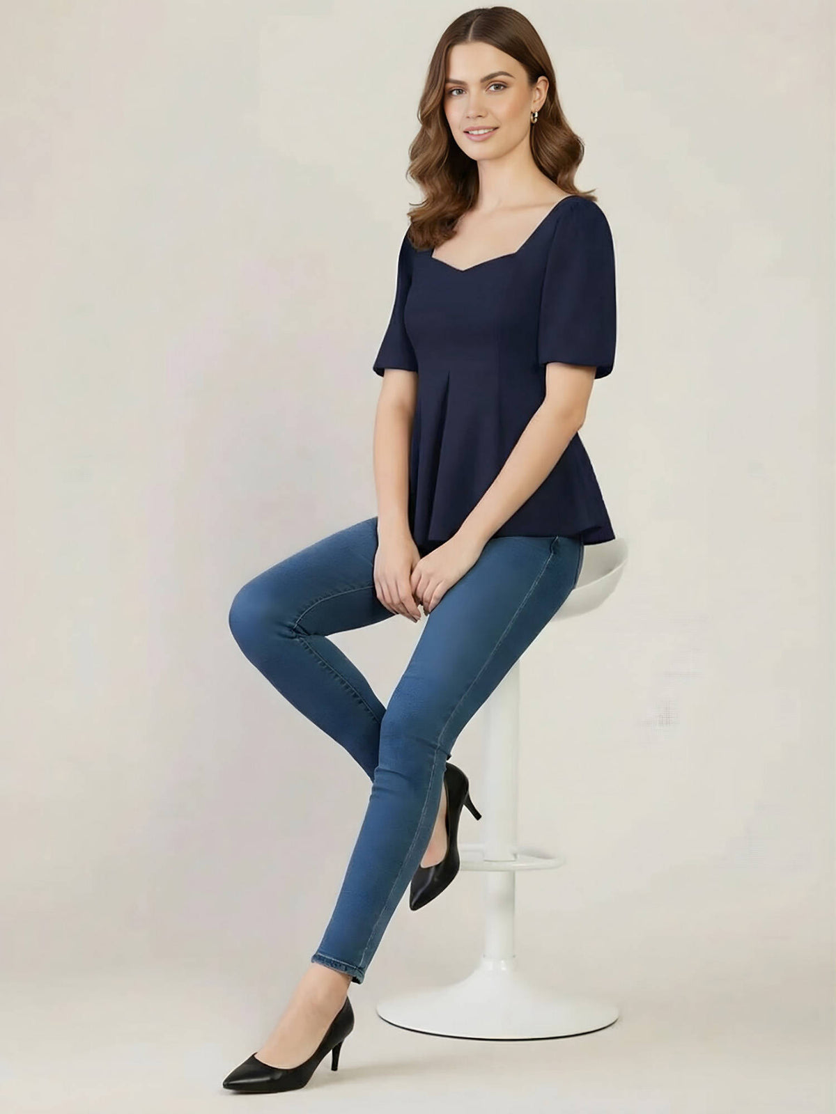 Navy Blue Stretchable Sweetheart Neck Peplum Top | pt51 - view 3