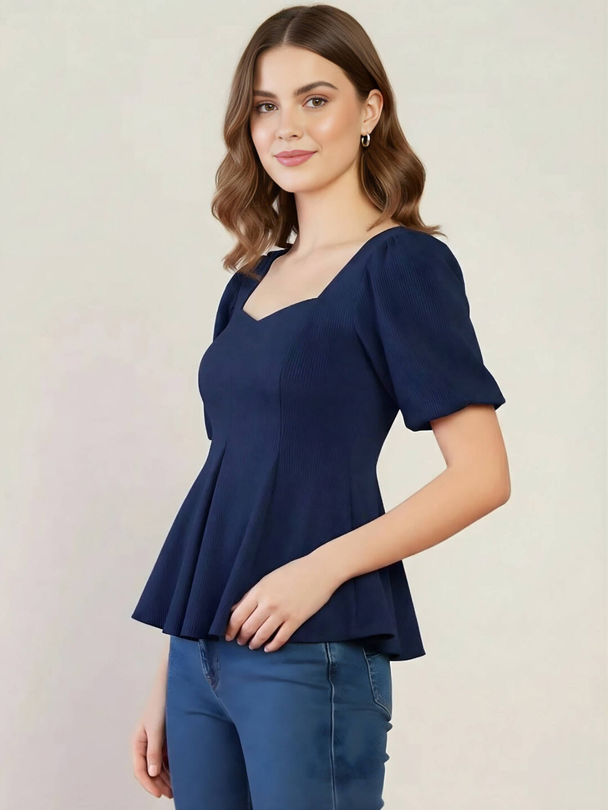 Navy Blue Stretchable Sweetheart Neck Peplum Top | pt51 - view 4