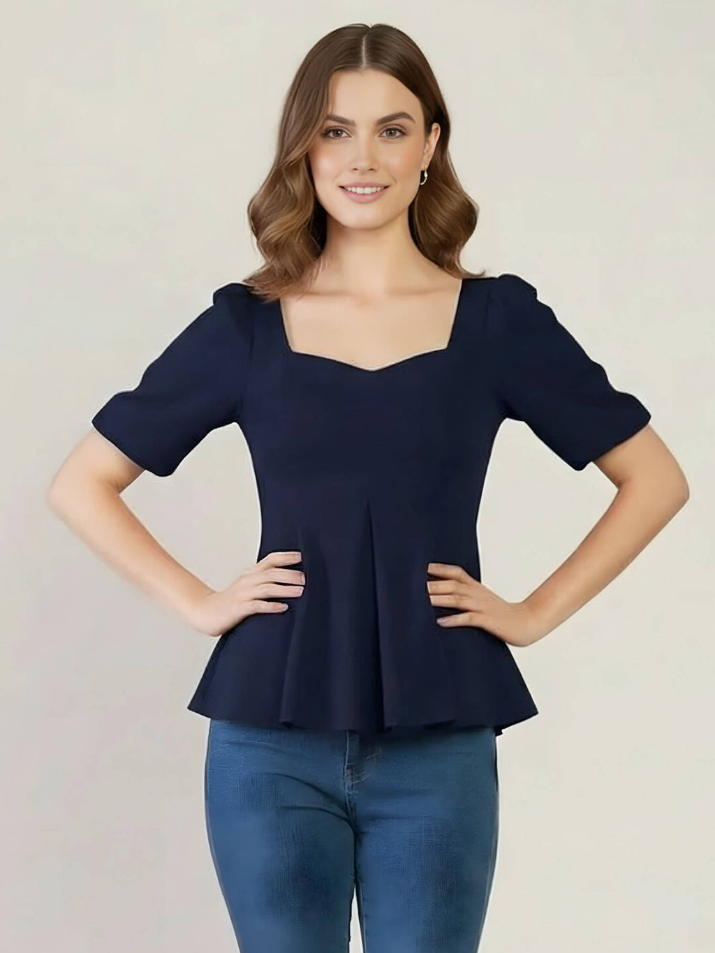 Navy Blue Stretchable Sweetheart Neck Peplum Top | pt51 - view 5