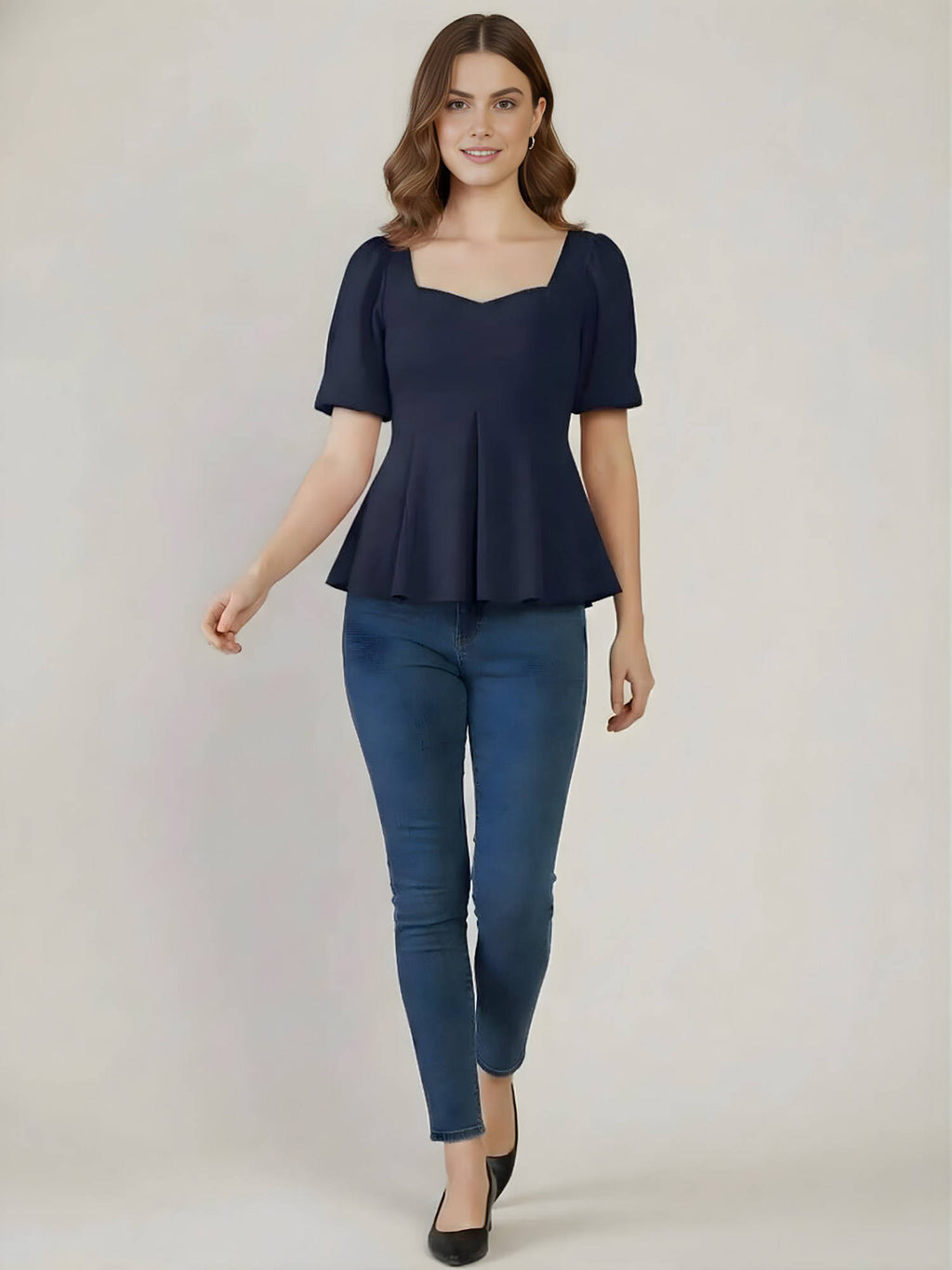 Navy Blue Stretchable Sweetheart Neck Peplum Top | pt51 - view 6