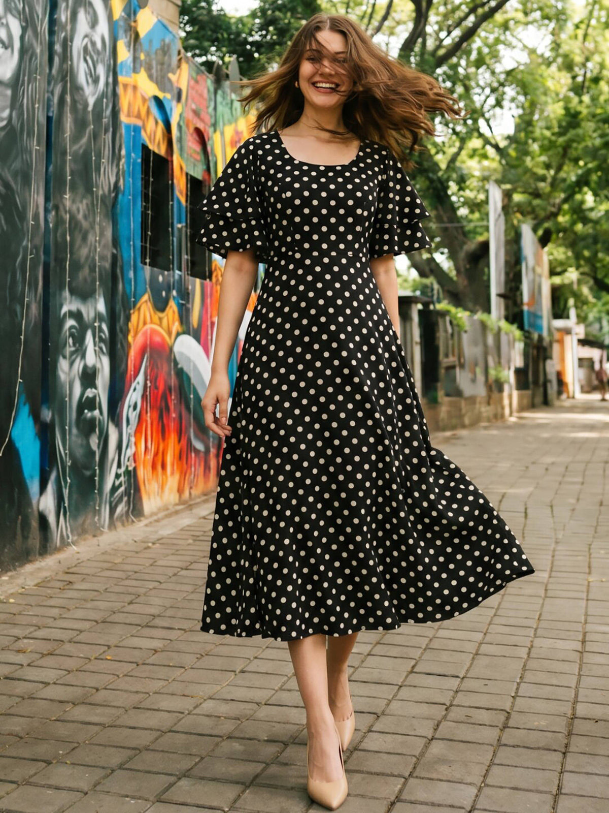 Black Polka Dots Regular Dress | D56 - view 1