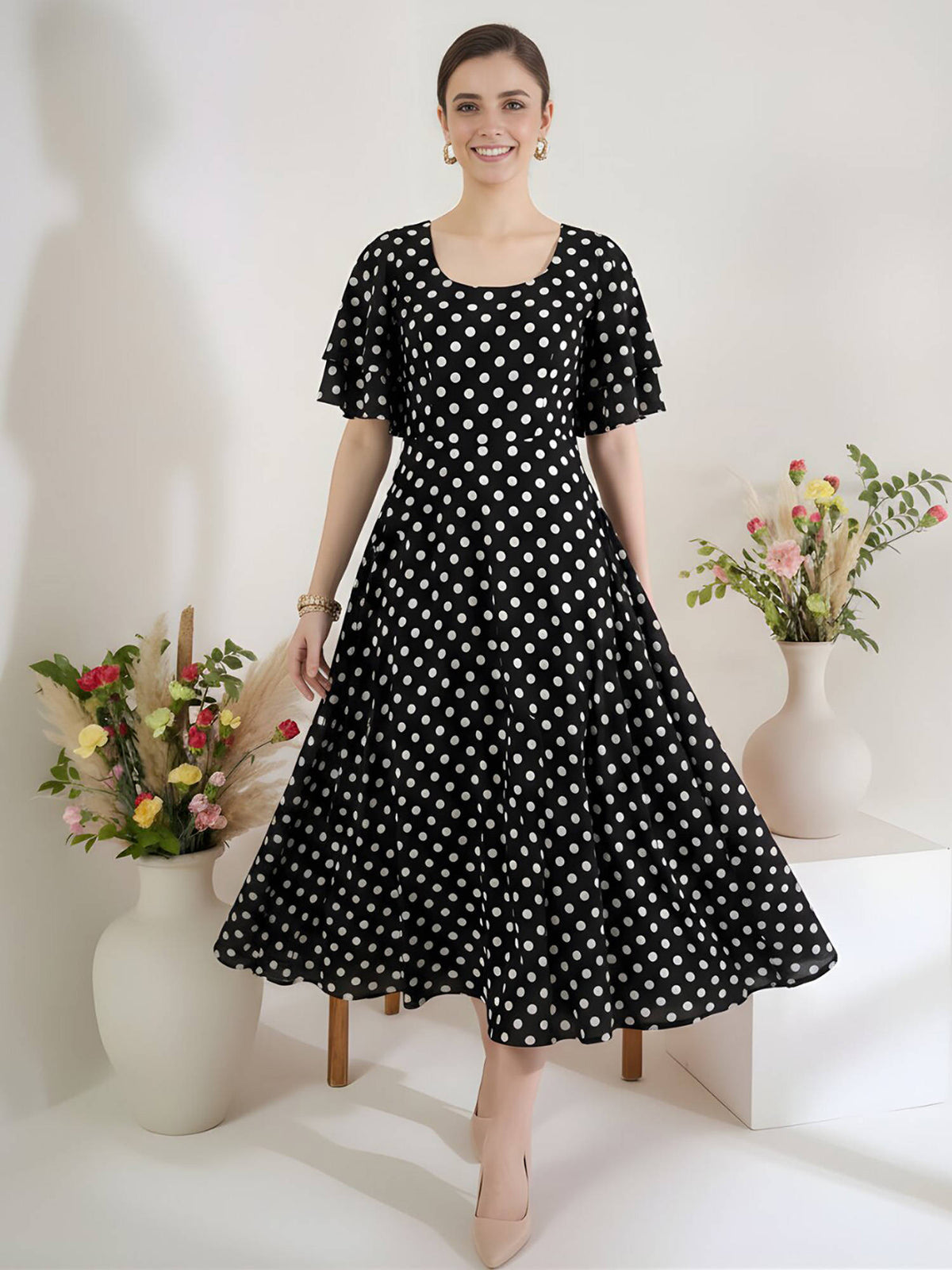 Black Polka Dots Regular Dress | D56 - view 2