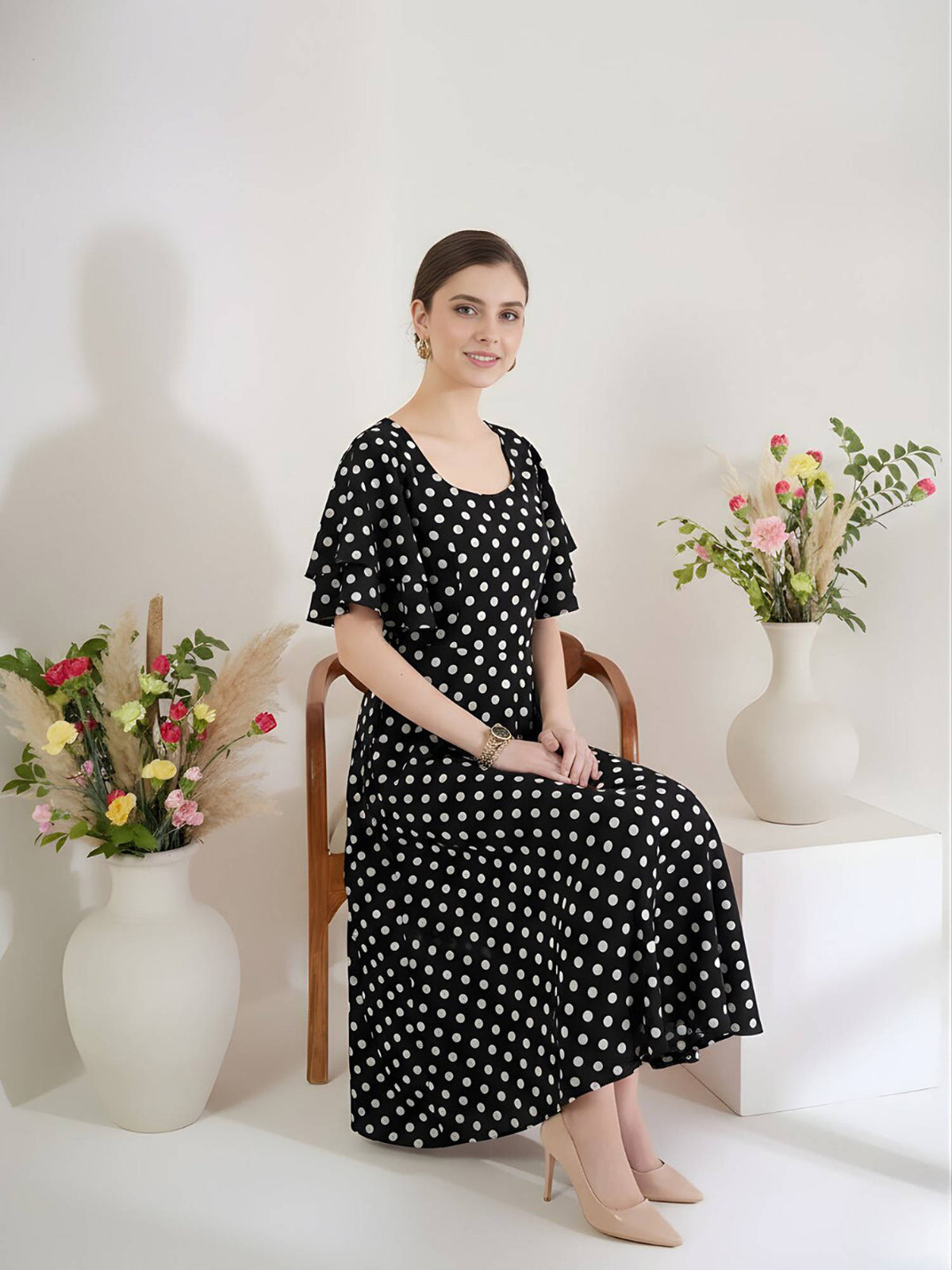 Black Polka Dots Regular Dress | D56 - view 3