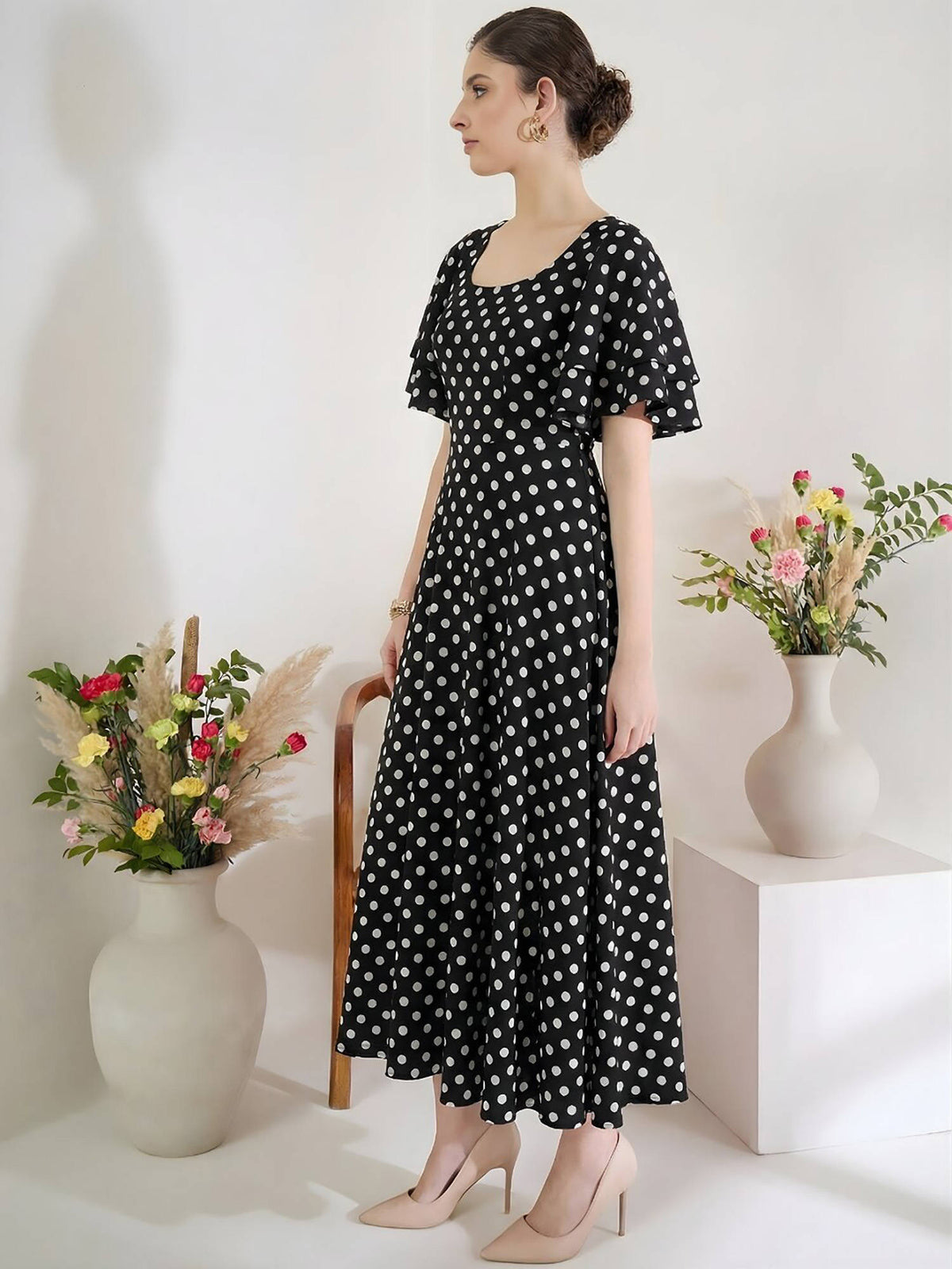 Black Polka Dots Regular Dress | D56 - view 4