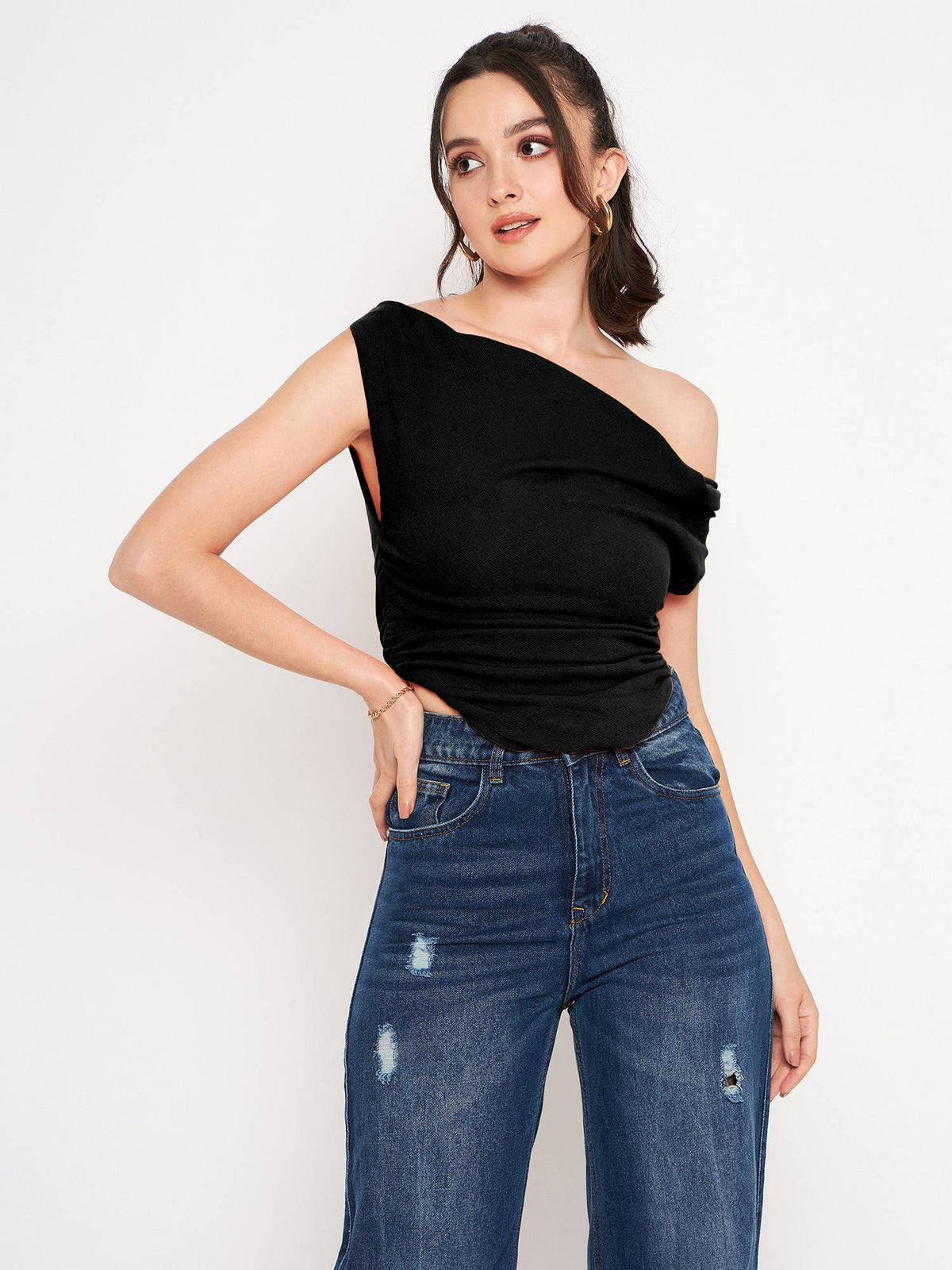 Stretchable Polyester V-neck Sleeveless Crop Top Black | CT61 - view 2