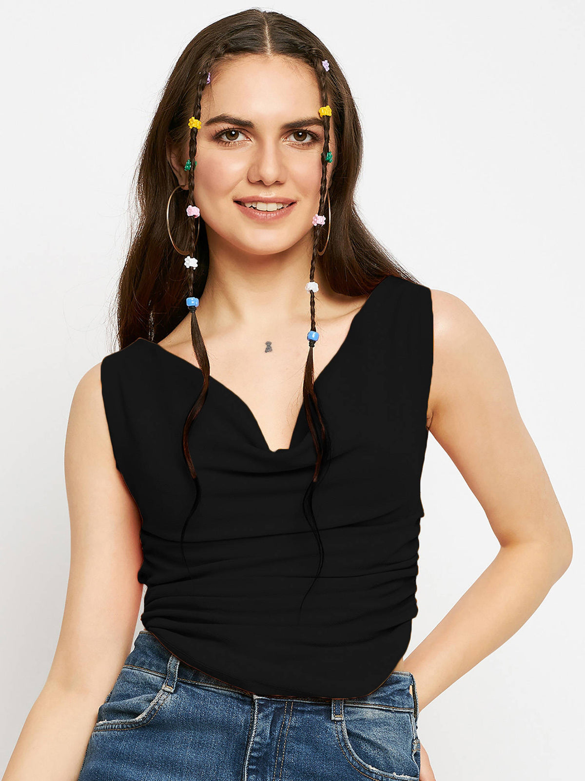 Stretchable Polyester V-neck Sleeveless Crop Top Black | CT61 - view 3