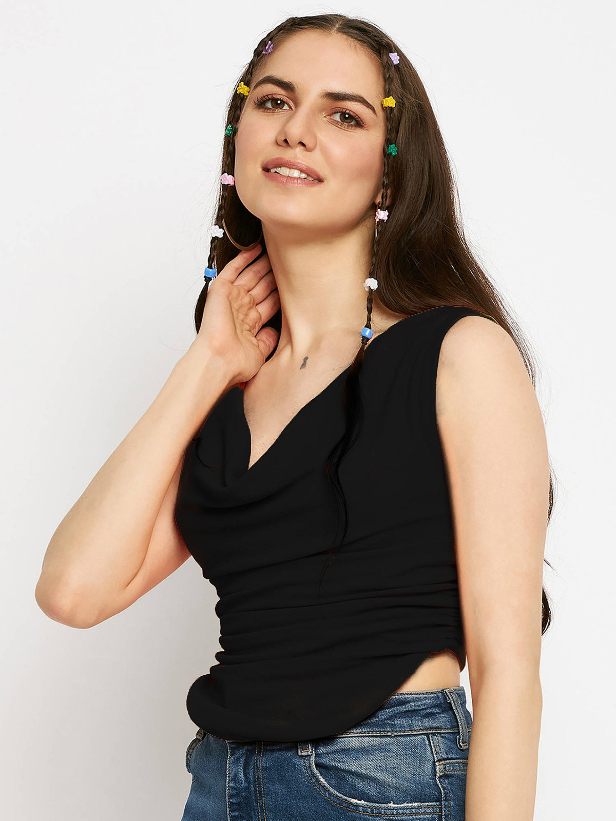 Stretchable Polyester V-neck Sleeveless Crop Top Black | CT61 - view 4
