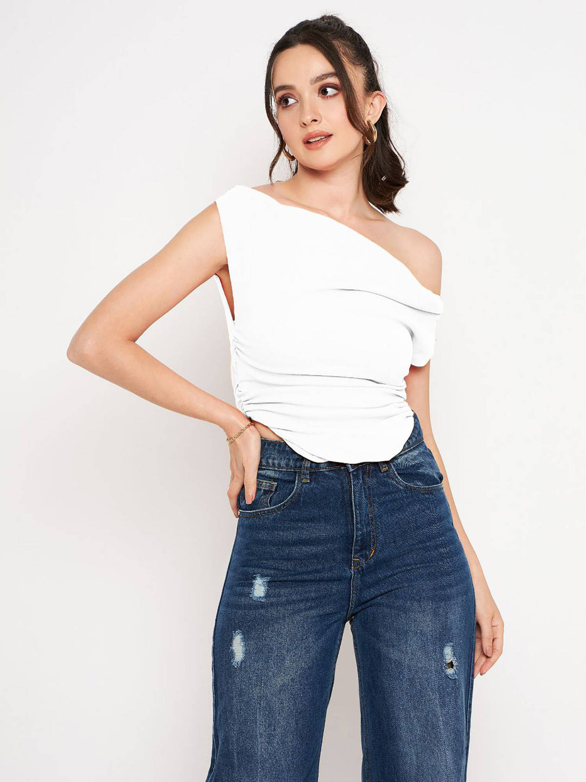 Stretchable Polyester V-neck Sleeveless Crop Top White | CT61 - view 3