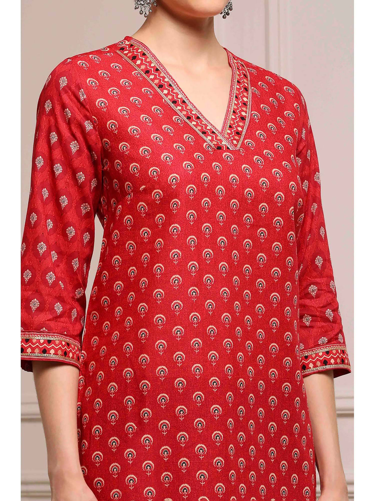 Red V-Neck Three Fourth Sleeves Kurta | KDG - view 2