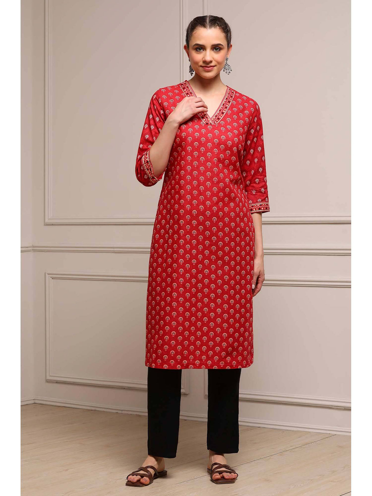 Red V-Neck Three Fourth Sleeves Kurta | KDG - view 6