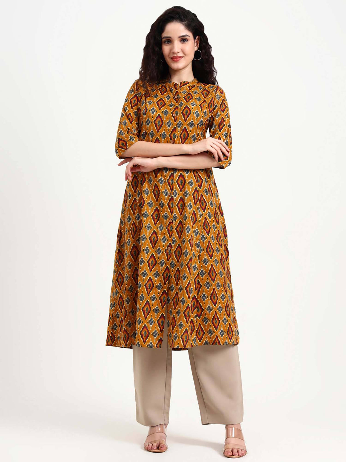 Mustard Mandarin Neck Three Fourth Sleeves Kurta | FY93 - view 1