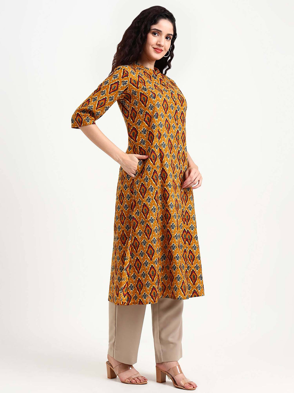 Mustard Mandarin Neck Three Fourth Sleeves Kurta | FY93 - view 3