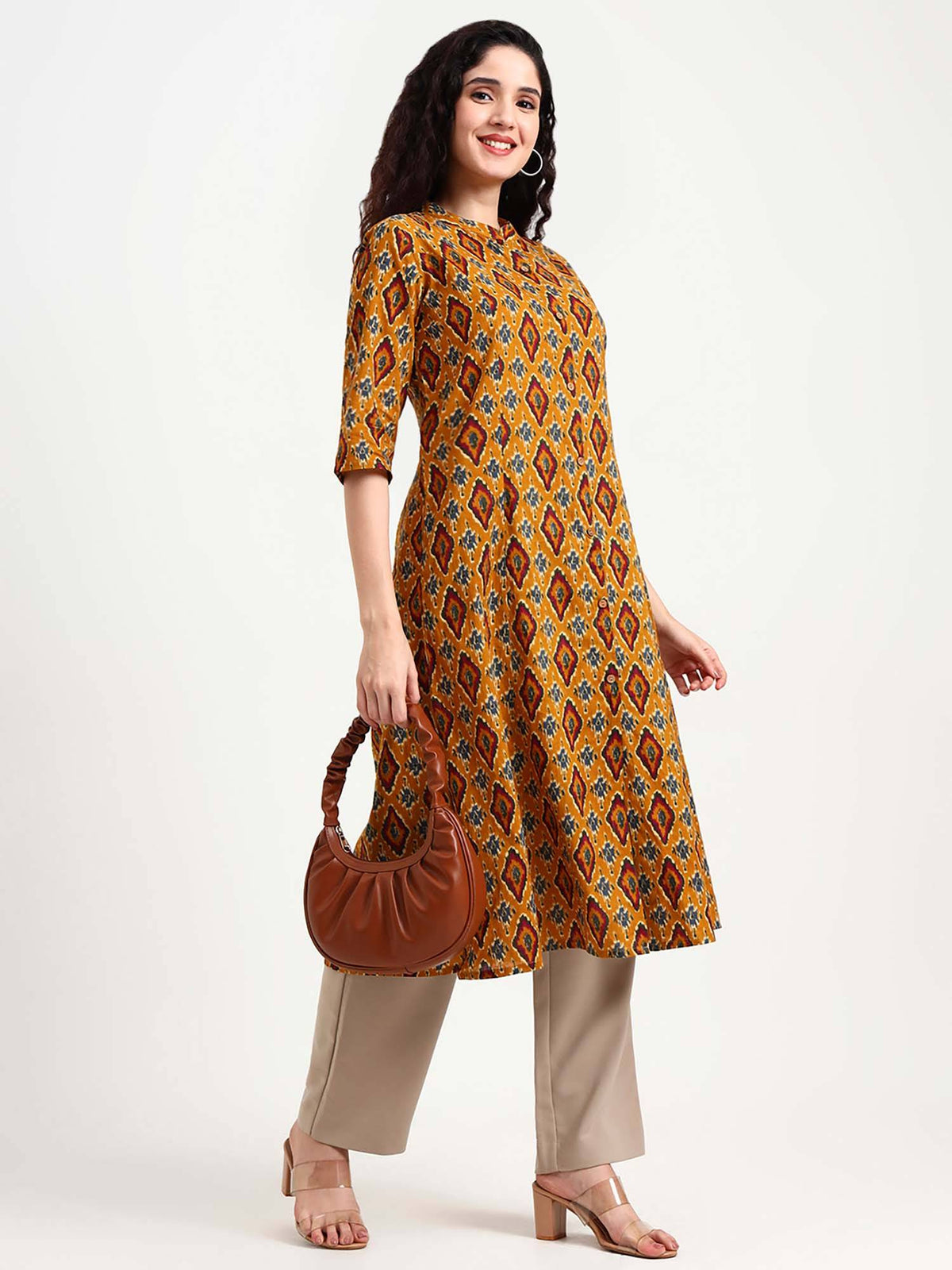 Mustard Mandarin Neck Three Fourth Sleeves Kurta | FY93 - view 5