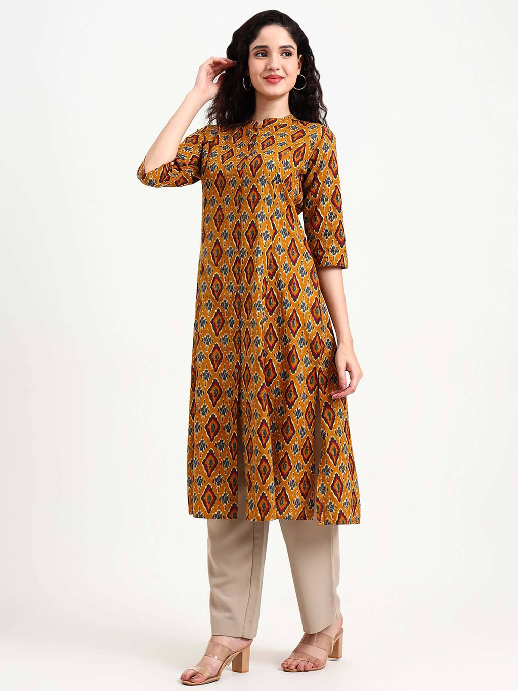 Mustard Mandarin Neck Three Fourth Sleeves Kurta | FY93 - view 6
