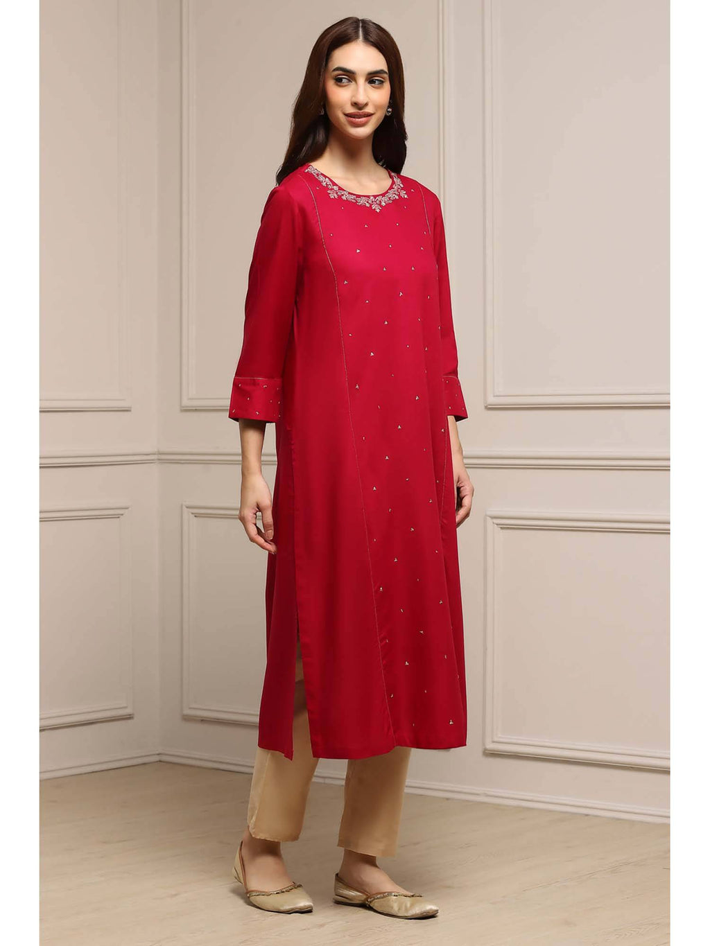 Red Round Neck Three Fourth Sleeves Kurta | KDG - view 1