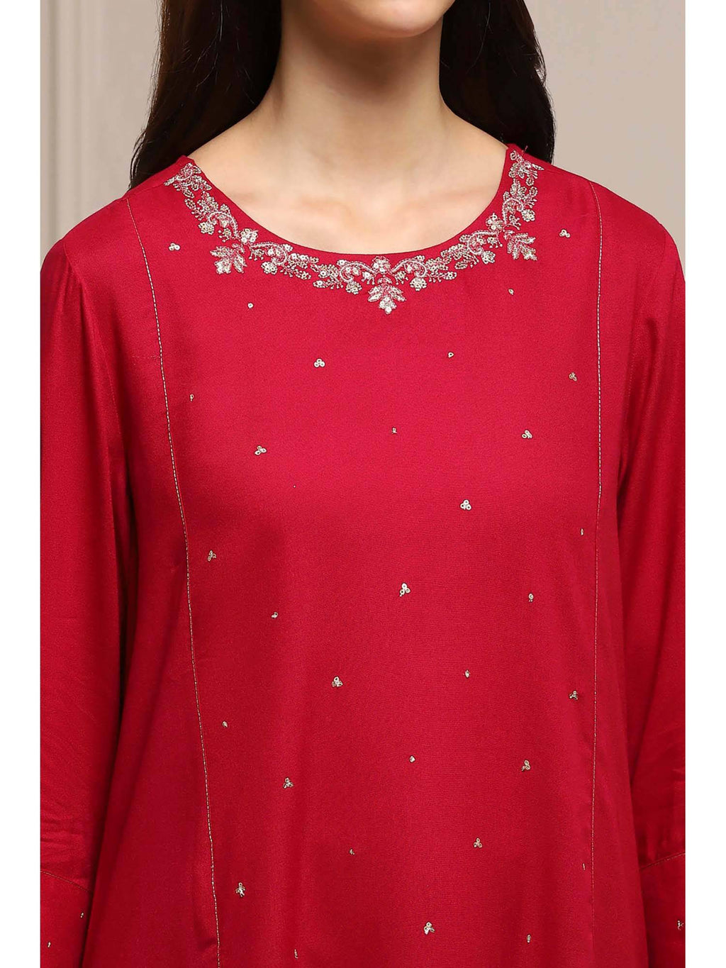 Red Round Neck Three Fourth Sleeves Kurta | KDG - view 2