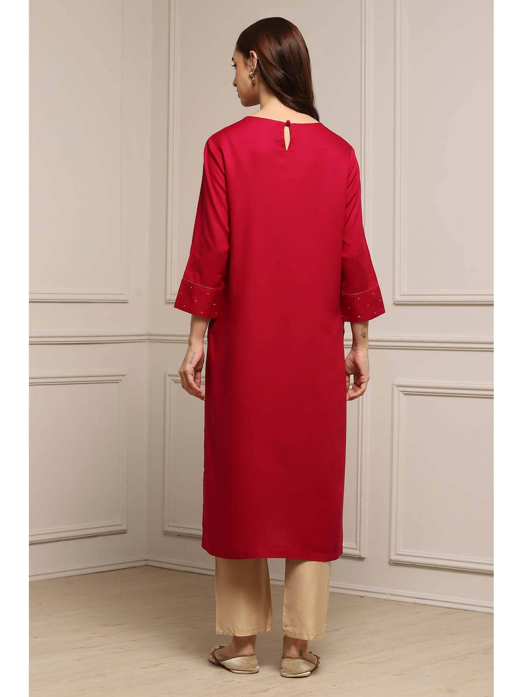Red Round Neck Three Fourth Sleeves Kurta | FY93 - view 4