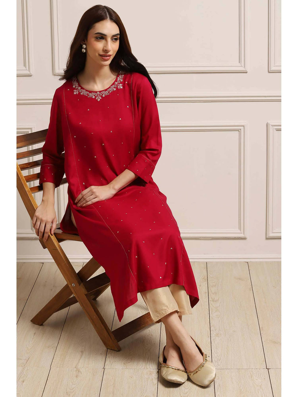 Red Round Neck Three Fourth Sleeves Kurta | KDG - view 5