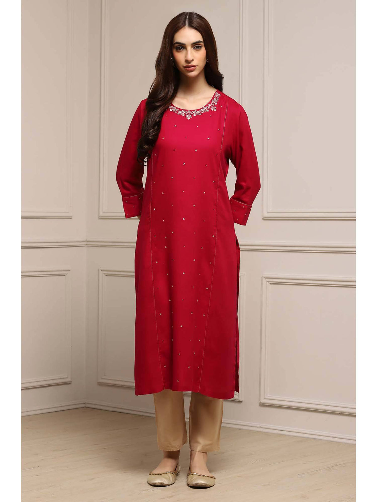 Red Round Neck Three Fourth Sleeves Kurta | FY93 - view 6