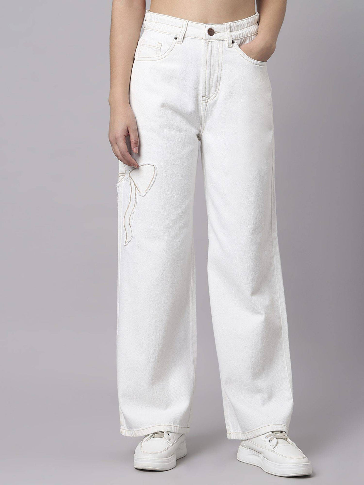 White Women High Waist Cotton Solid Wide Leg Jeans | WL90 - view 1