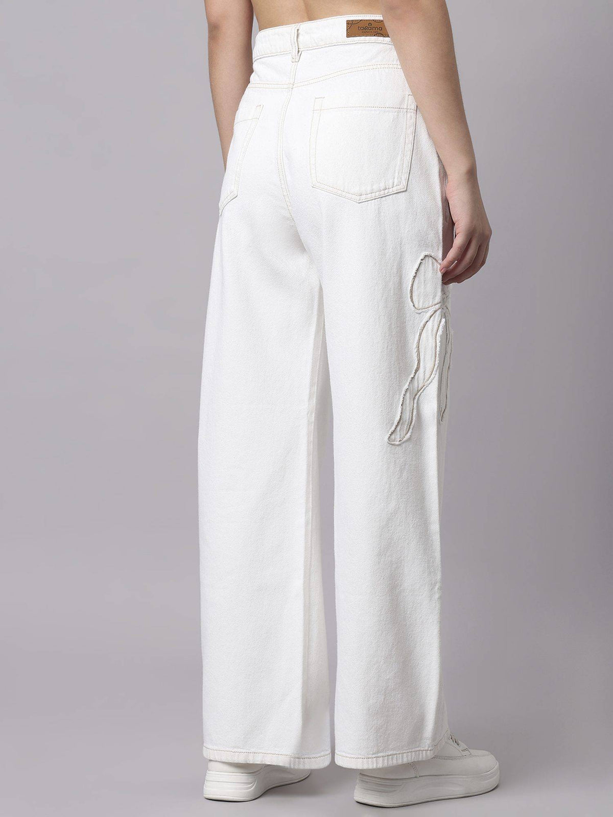 White Women High Waist Cotton Solid Wide Leg Jeans | WL90 - view 2