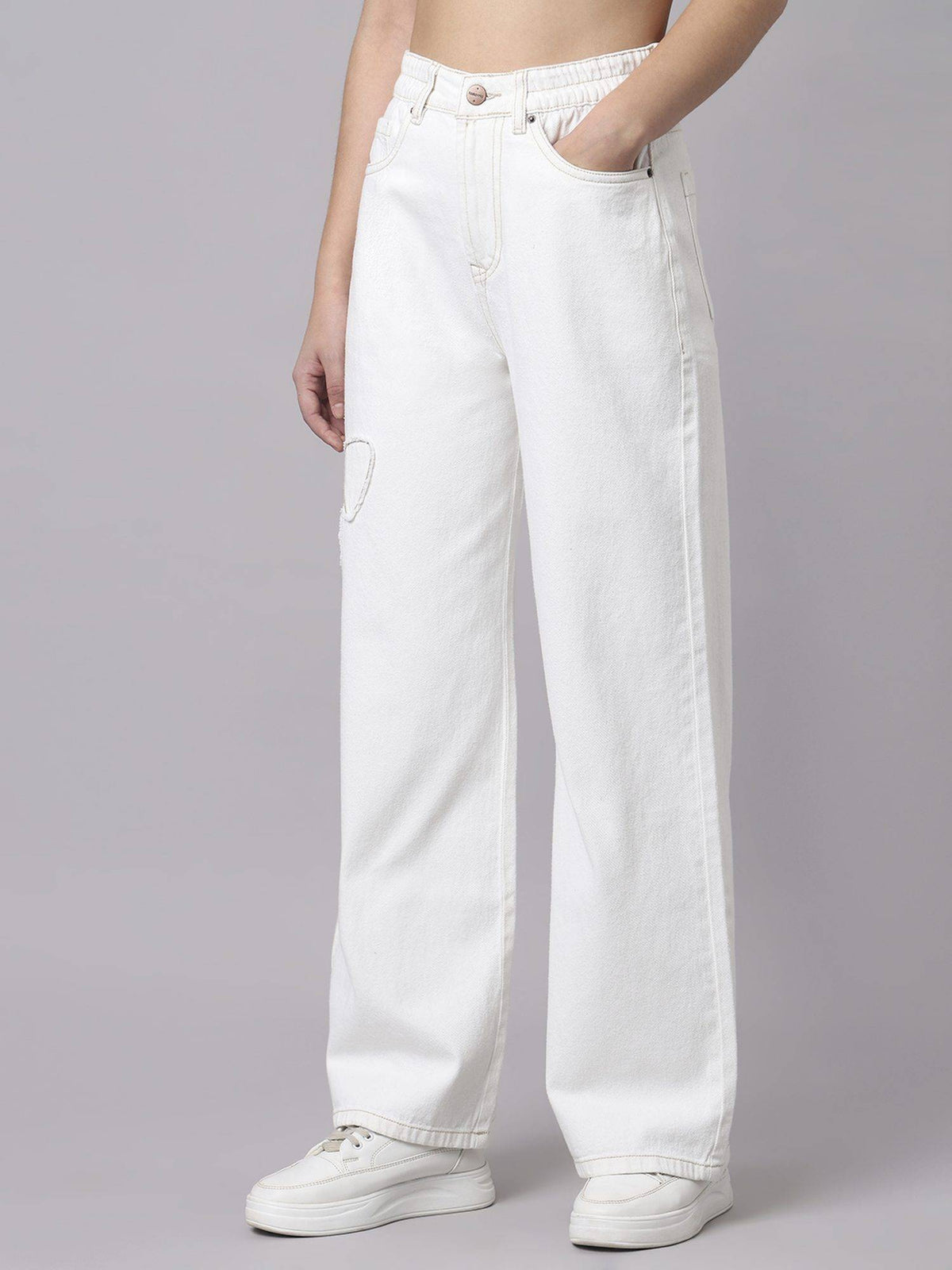 White Women High Waist Cotton Solid Wide Leg Jeans | WL90 - view 3
