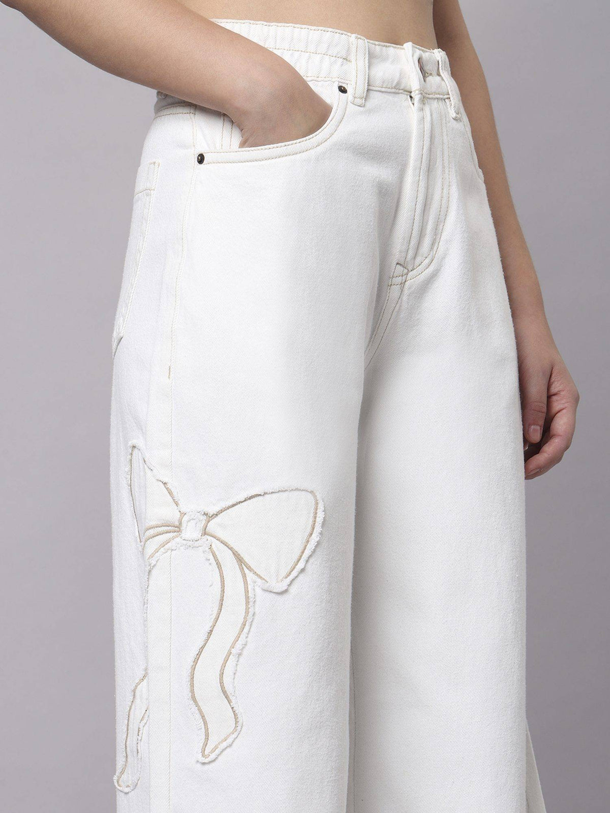 White Women High Waist Cotton Solid Wide Leg Jeans | WL90 - view 4