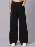 Black Womens High Waist Cotton Solid Wide Leg Jeans | RF89 - view 1