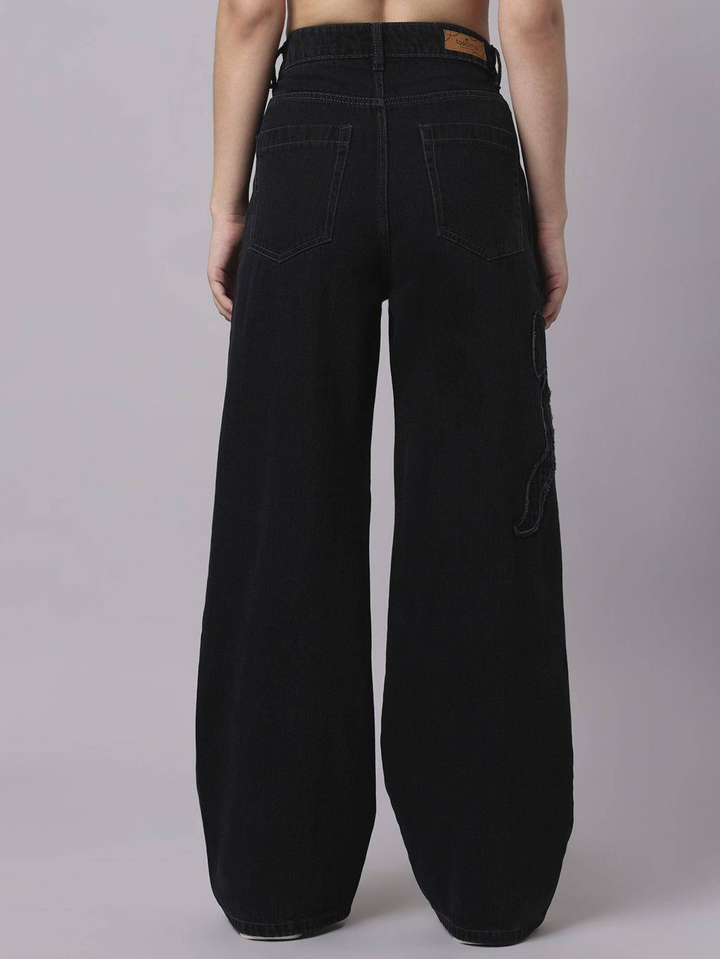 Black Womens High Waist Cotton Solid Wide Leg Jeans | WL90 - view 2