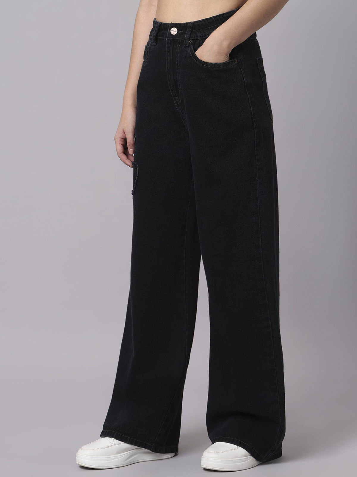 Black Womens High Waist Cotton Solid Wide Leg Jeans | RF89 - view 3