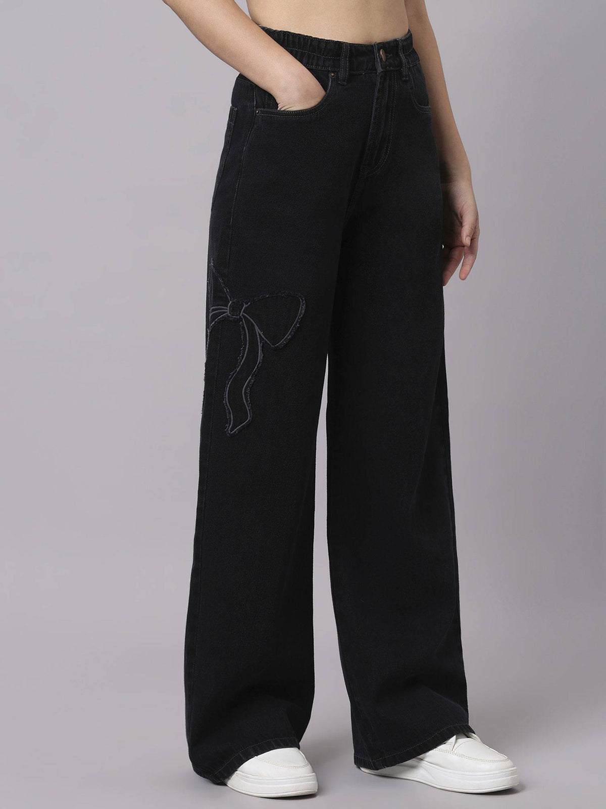 Black Womens High Waist Cotton Solid Wide Leg Jeans | BG78 - view 4