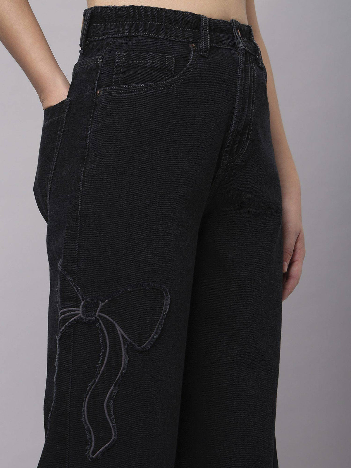 Black Womens High Waist Cotton Solid Wide Leg Jeans | BG78 - view 5