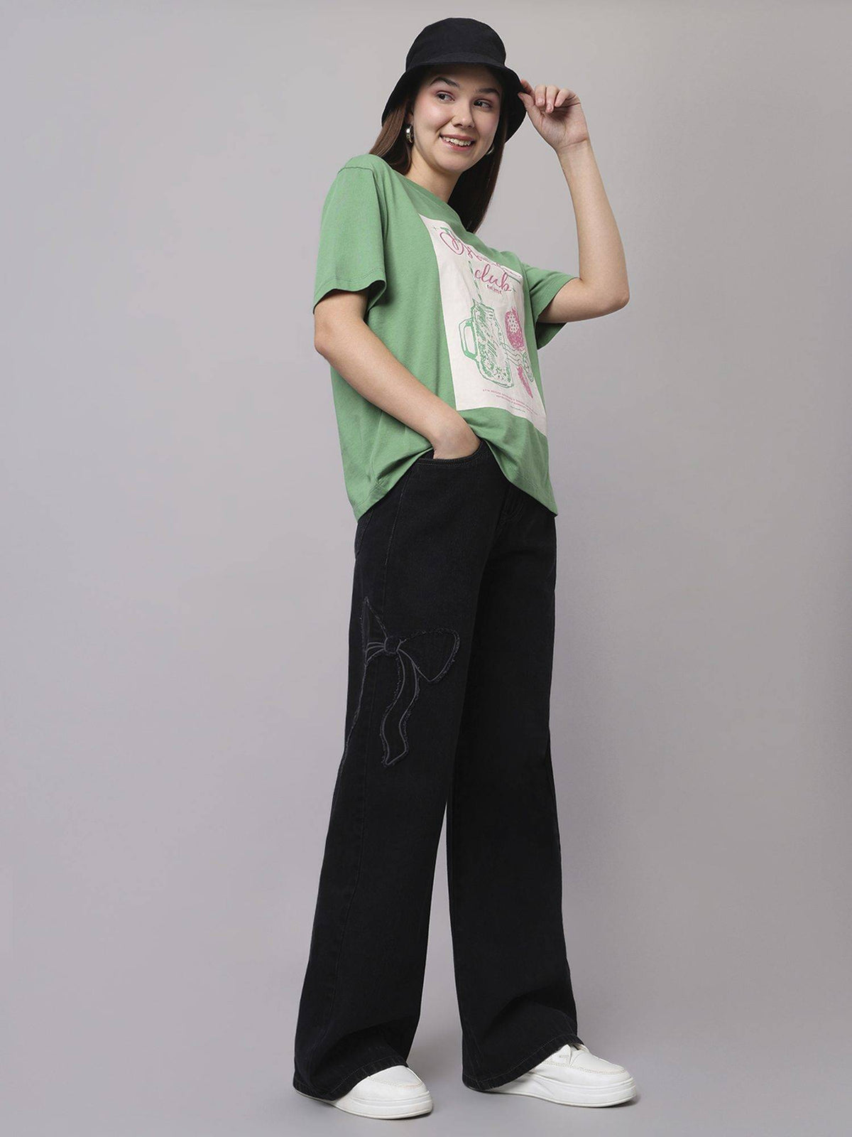 Black Womens High Waist Cotton Solid Wide Leg Jeans | BG78 - view 6
