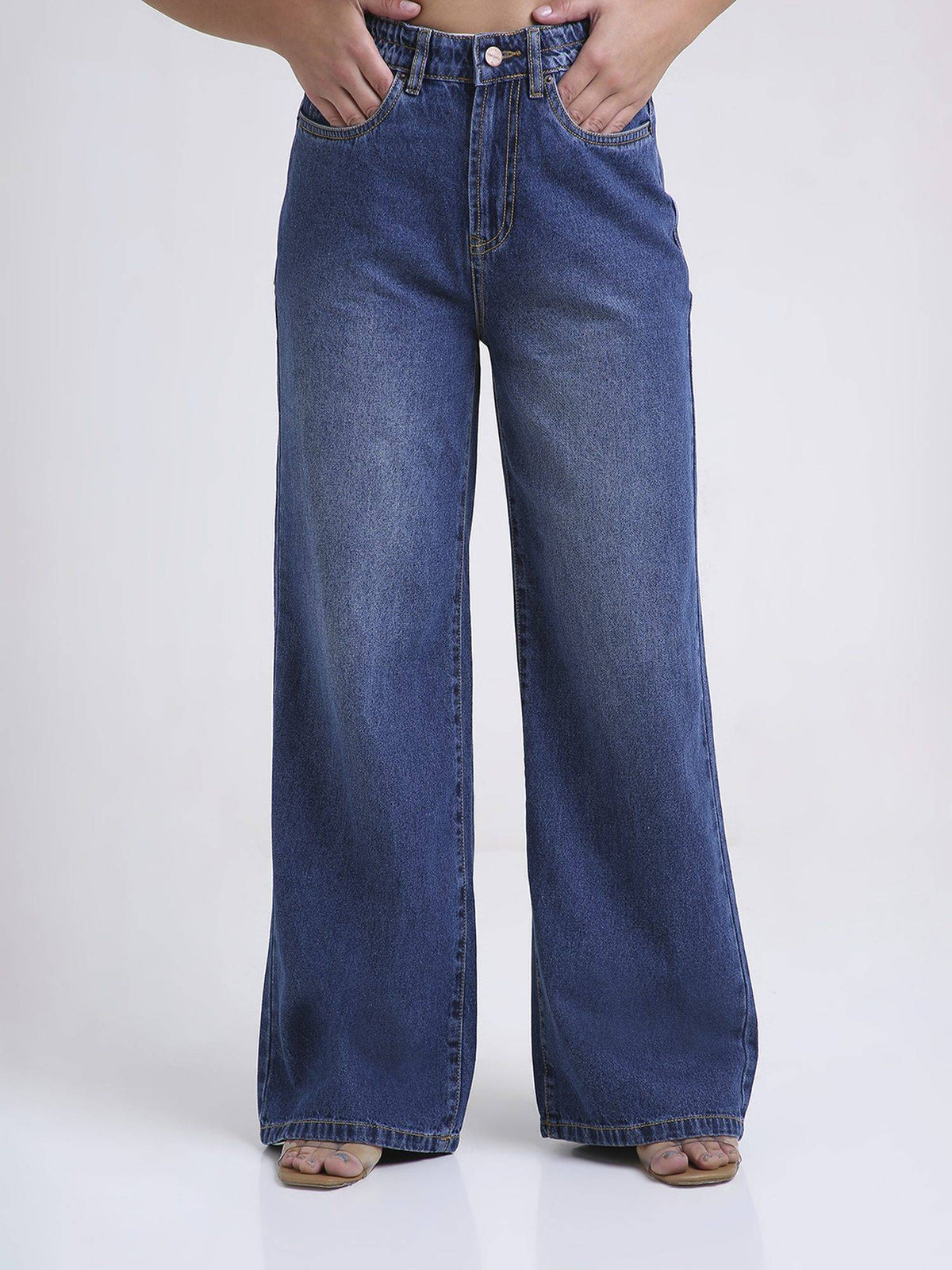 Blue Women's High Waist Cotton Solid Wide Leg Jeans | WL90 - view 1