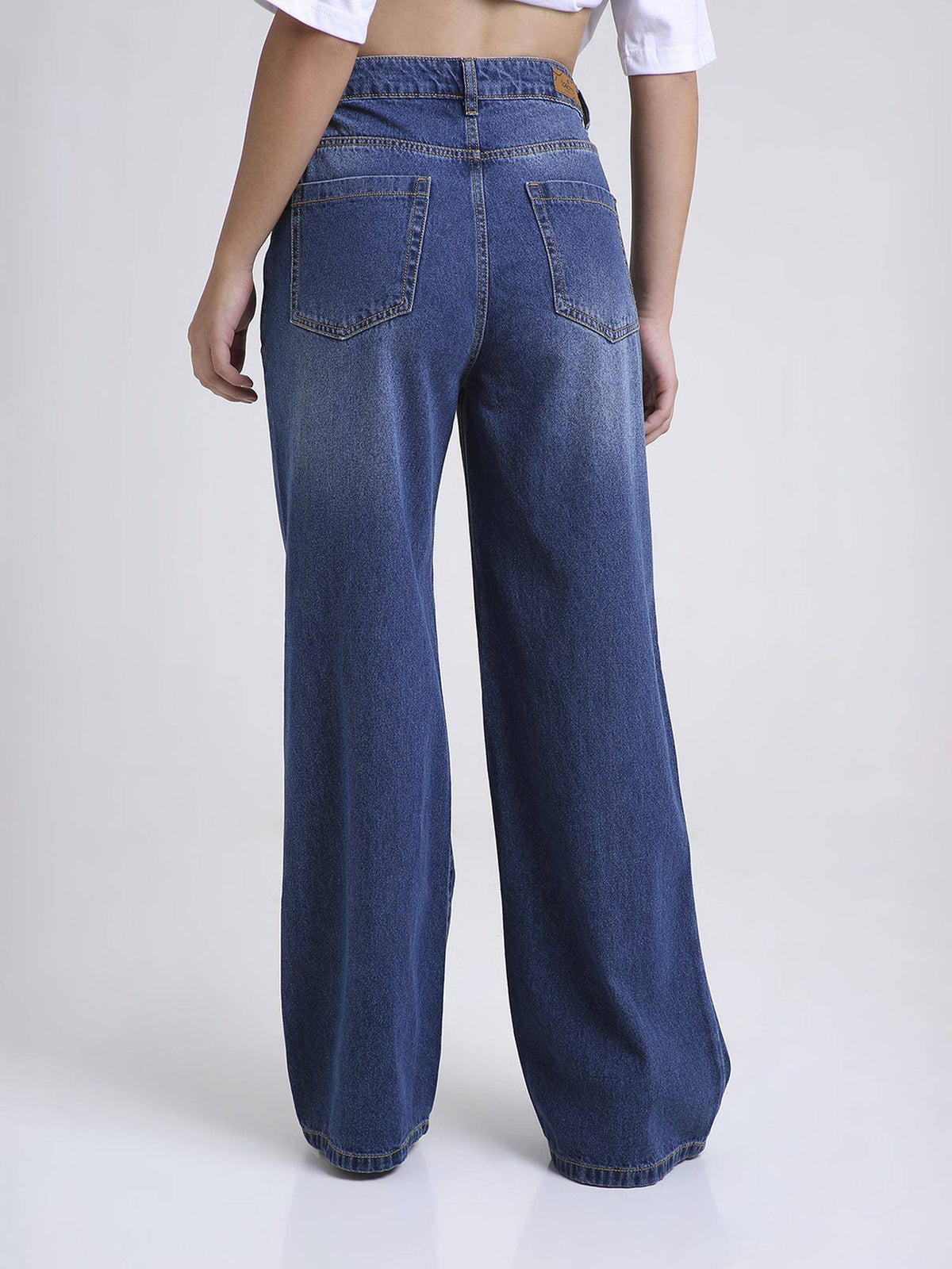 Blue Women's High Waist Cotton Solid Wide Leg Jeans | WL90 - view 2