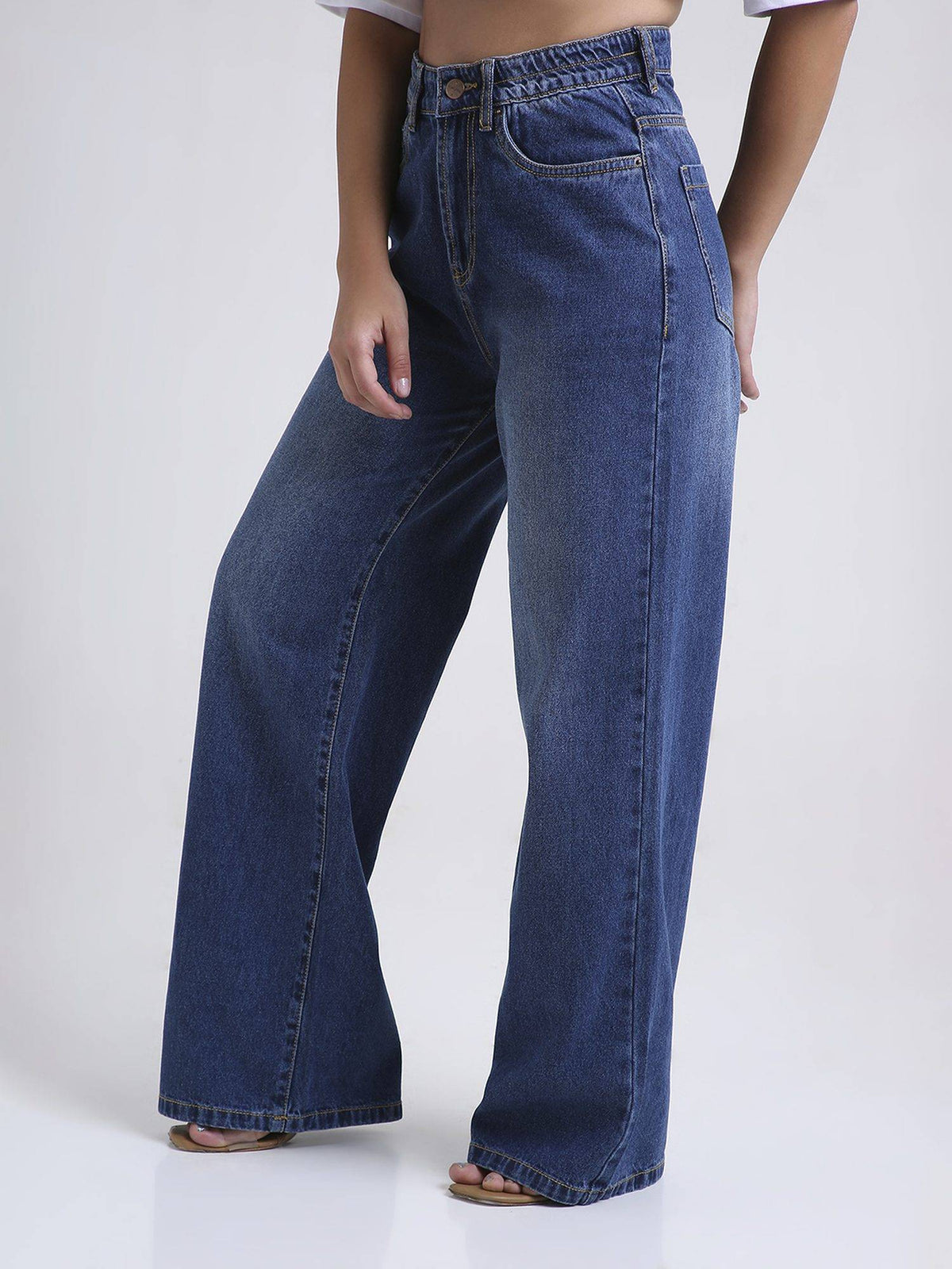 Blue Women's High Waist Cotton Solid Wide Leg Jeans | WL90 - view 3