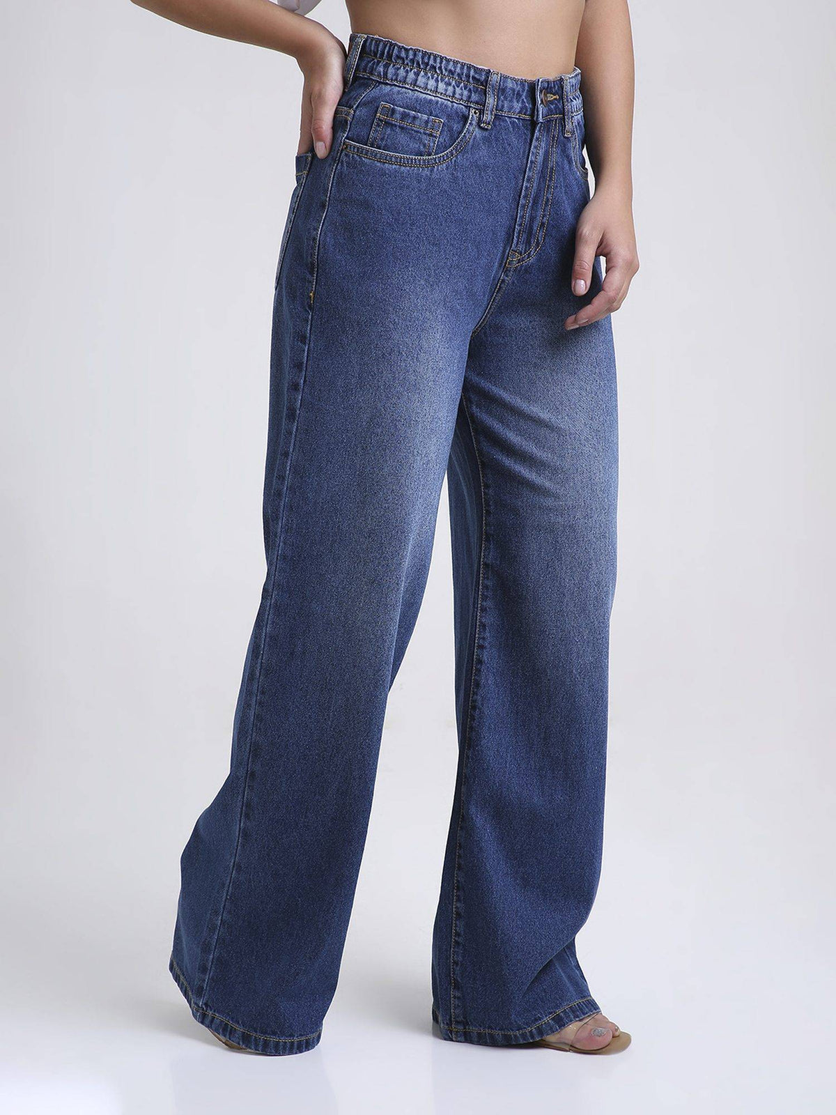 Blue Women's High Waist Cotton Solid Wide Leg Jeans | WL90 - view 4