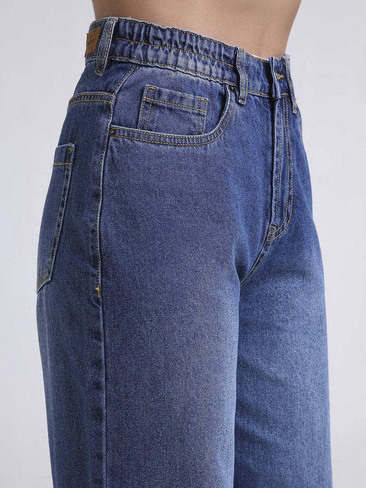 Blue Women's High Waist Cotton Solid Wide Leg Jeans | WL90 - view 5