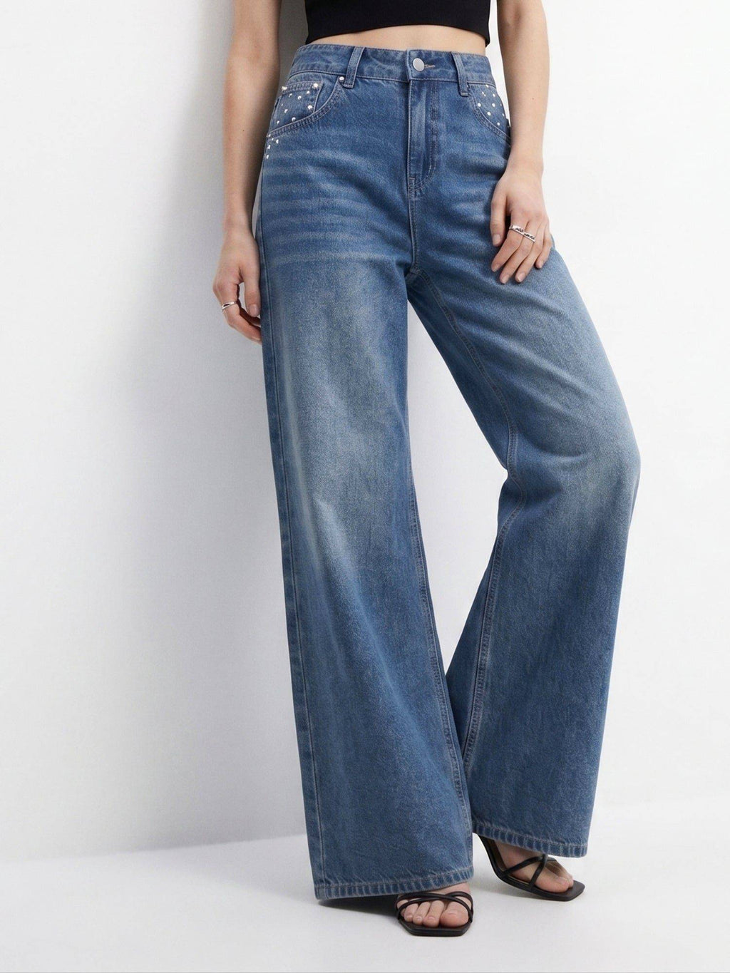Blue Women Mid Waist Polyester Solid Wide Leg Jeans | WL90 - view 1