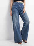Blue Women Mid Waist Polyester Solid Wide Leg Jeans | WL90 - view 1
