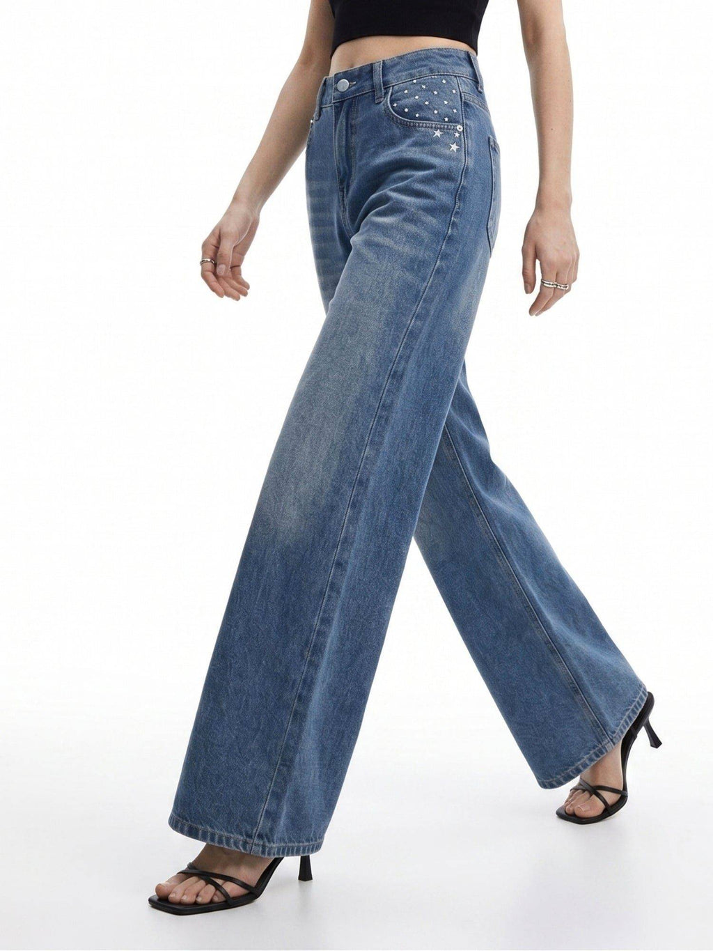 Blue Women Mid Waist Polyester Solid Wide Leg Jeans | WL90 - view 2