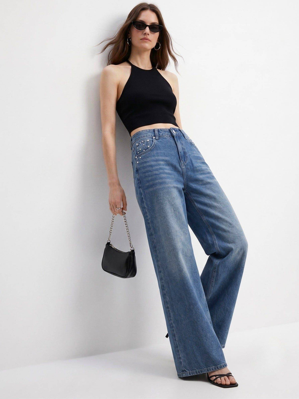 Blue Women Mid Waist Polyester Solid Wide Leg Jeans | WL90 - view 3