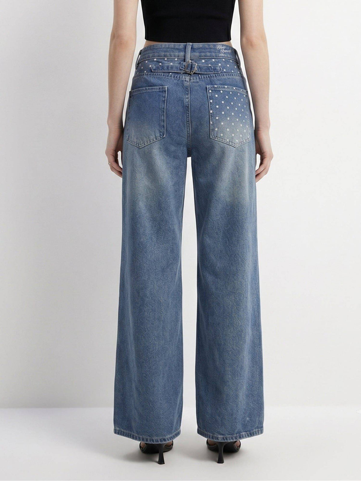Blue Women Mid Waist Polyester Solid Wide Leg Jeans | WL90 - view 5