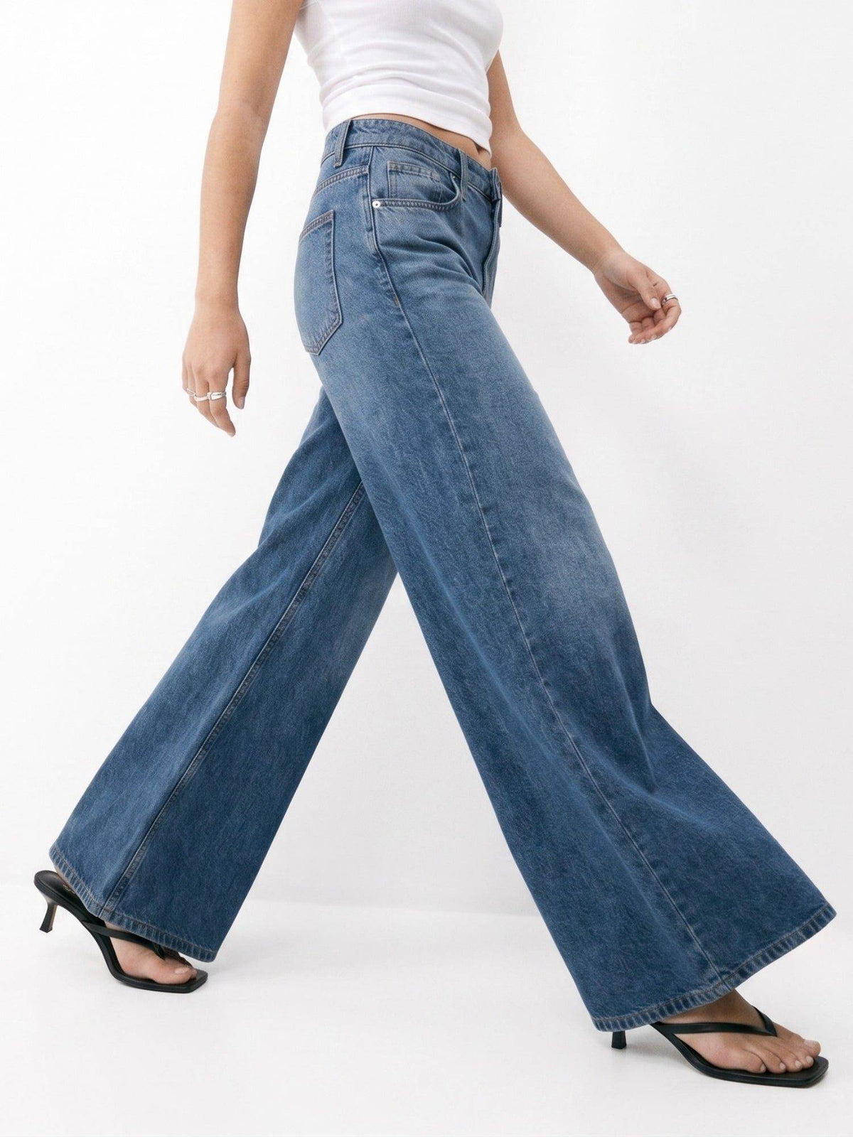 Blue Women Mid Waist Cotton Solid Wide Leg Jeans | WL90 - view 2