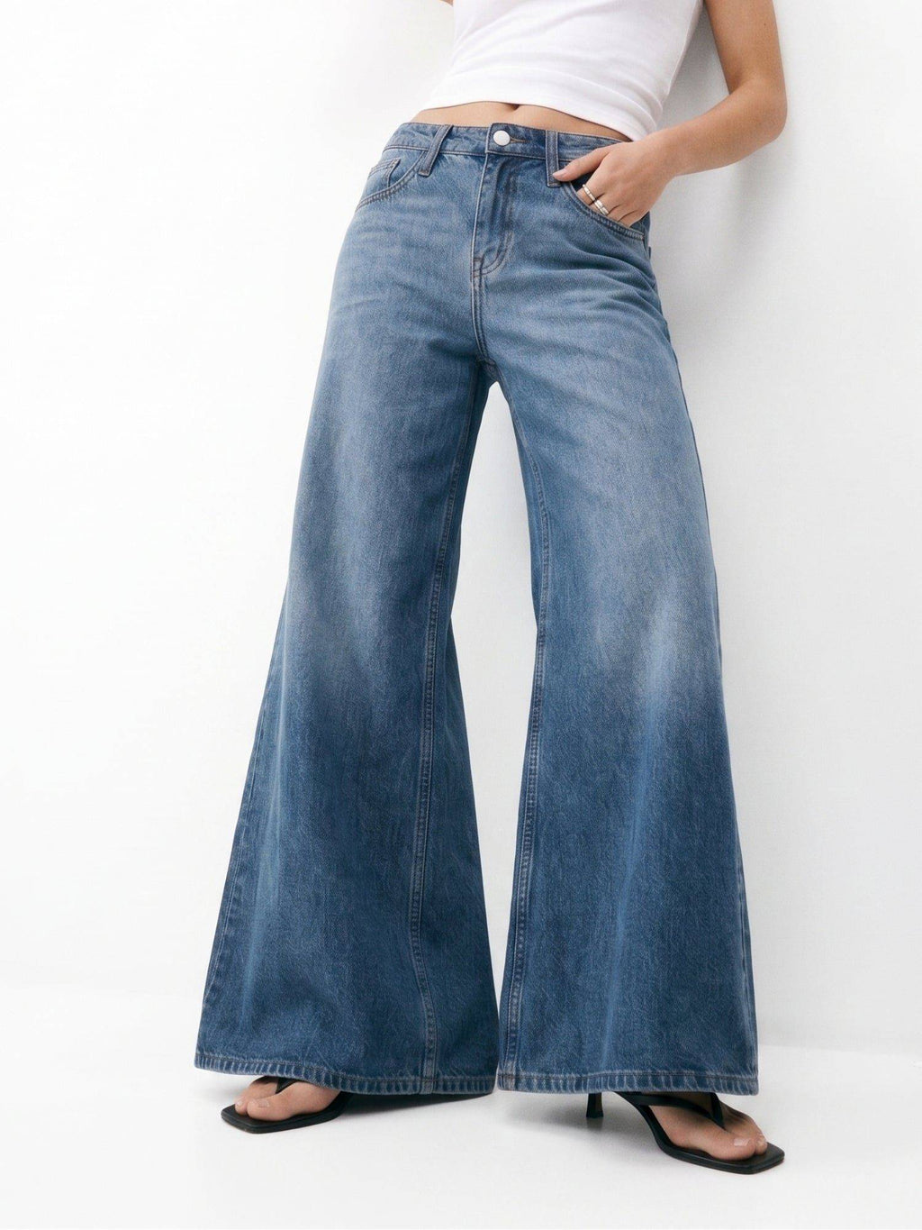 Blue Women Mid Waist Cotton Solid Wide Leg Jeans | WL90 - view 3