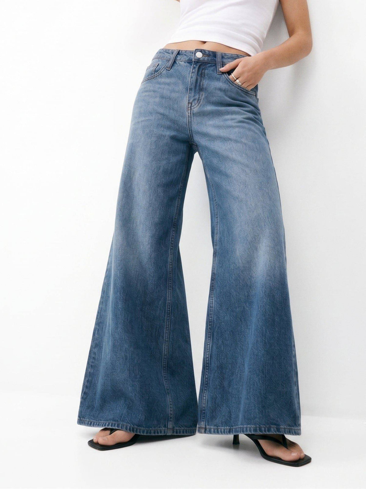 Blue Women Mid Waist Cotton Solid Wide Leg Jeans | WL90 - view 3